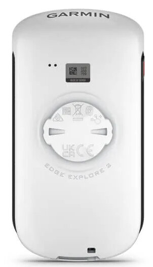 Biała tylna strona urządzenia Garmin Edge Explore 2 z logo, przyciskami i portem ładowania.
