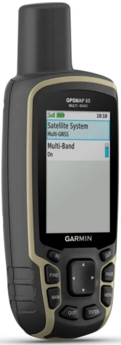 Przenośne urządzenie GPS z wyświetlaczem pokazującym informacje satelitarne i wielopasmowe, w czarnej i beżowej obudowie.