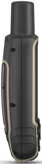 Czarno-szare urządzenie GPS. Widok z boku pokazuje przyciski i teksturowane boki. Marka Garmin.