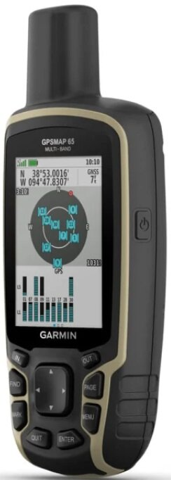 Garmin GPSMAP 65, z wyświetlaczem pokazującym dane GPS i przyciskami. Beżowy i czarny korpus.