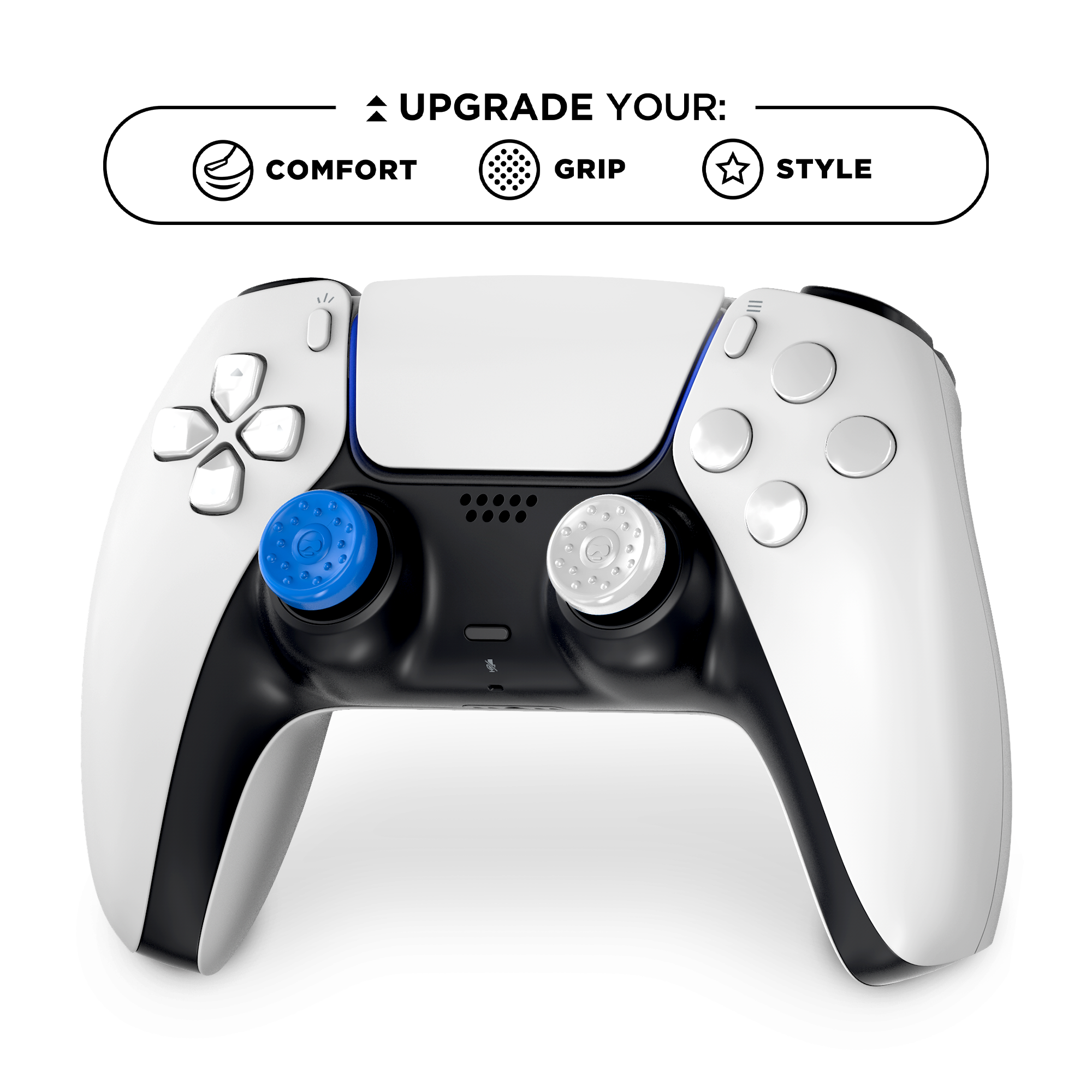 Ein weiß-schwarzer PS5-Controller mit blauen und weißen Joysticks.
