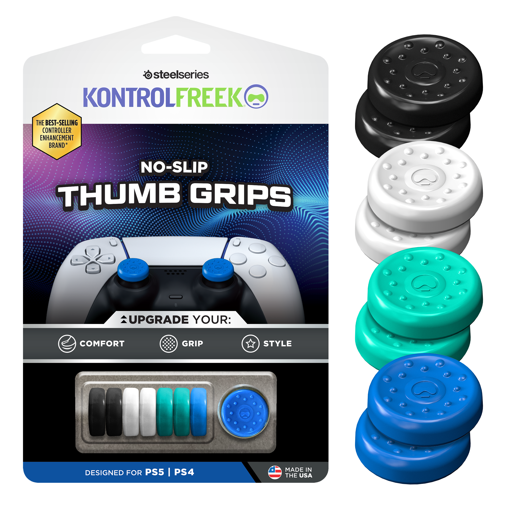 KontrolFreek-Daumengriffe in verschiedenen Farben, mit Controller und Verpackung sichtbar.