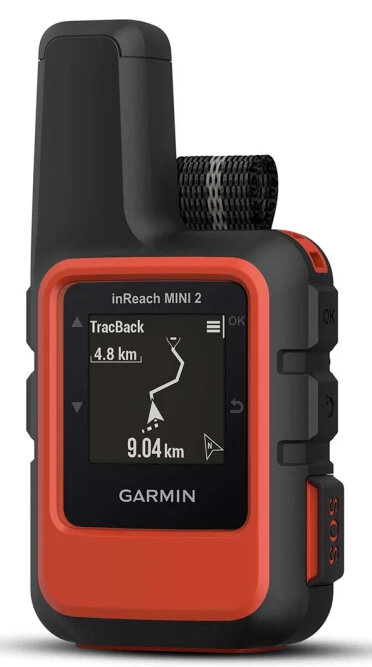 Czarne i czerwone urządzenie Garmin z ekranem pokazującym mapę. Urządzenie ma przycisk SOS.