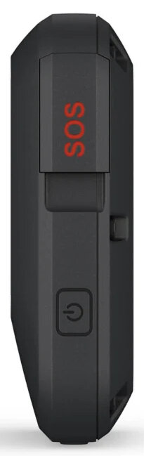 Czarne urządzenie z przyciskiem SOS i przyciskiem zasilania z boku.