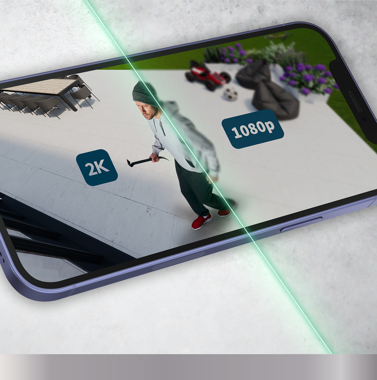 Écran de smartphone montrant une personne avec un pied-de-biche. Laser vert et texte sur l'image.