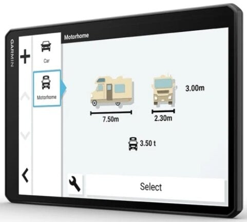 Ekran GPS Garmin wyświetlający wymiary kamperów i opcje pojazdów.