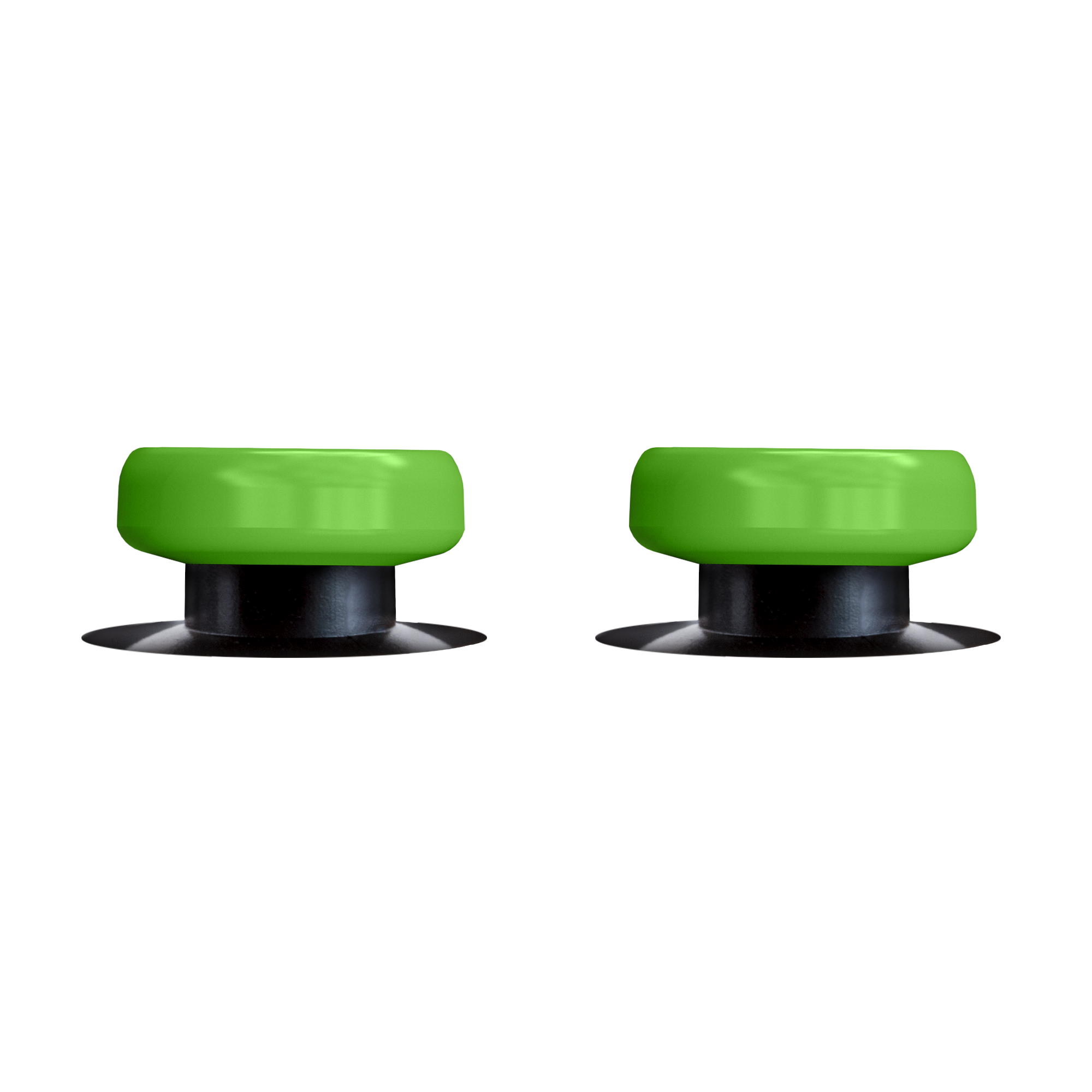 Zwei grüne Joystick-Daumensticks auf schwarzer Basis, schwarzer Hintergrund.