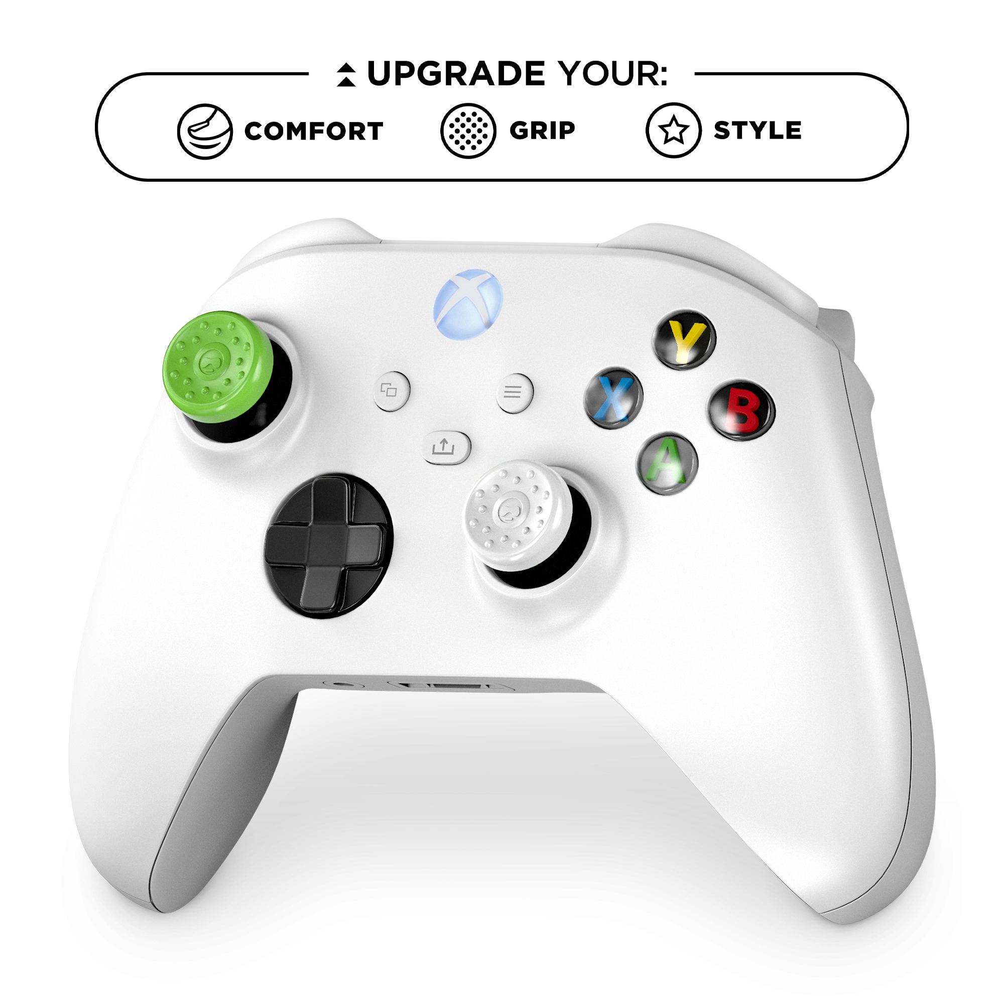 Weißer Xbox-Controller mit grünen Thumbsticks und farbigen Knöpfen.