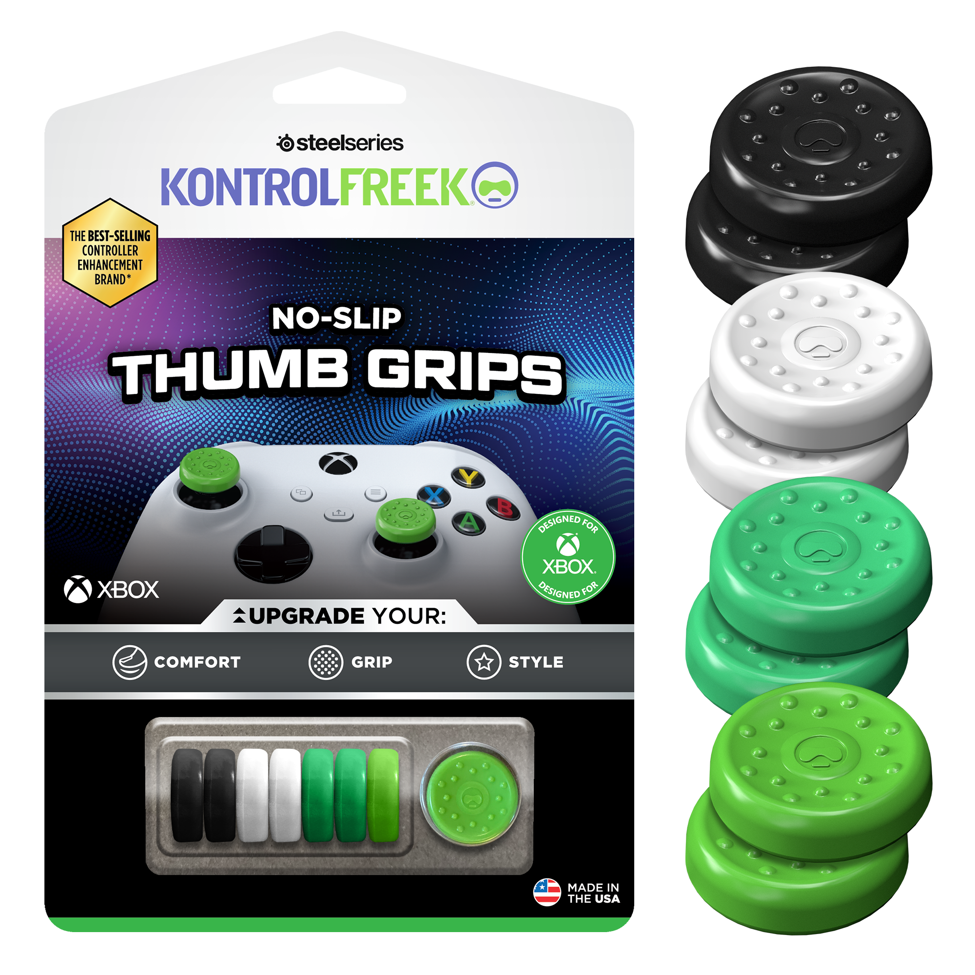 KontrolFreek Daumengriffe für Xbox. Enthält Griffe in Schwarz, Weiß und Grün. Weißer Hintergrund.