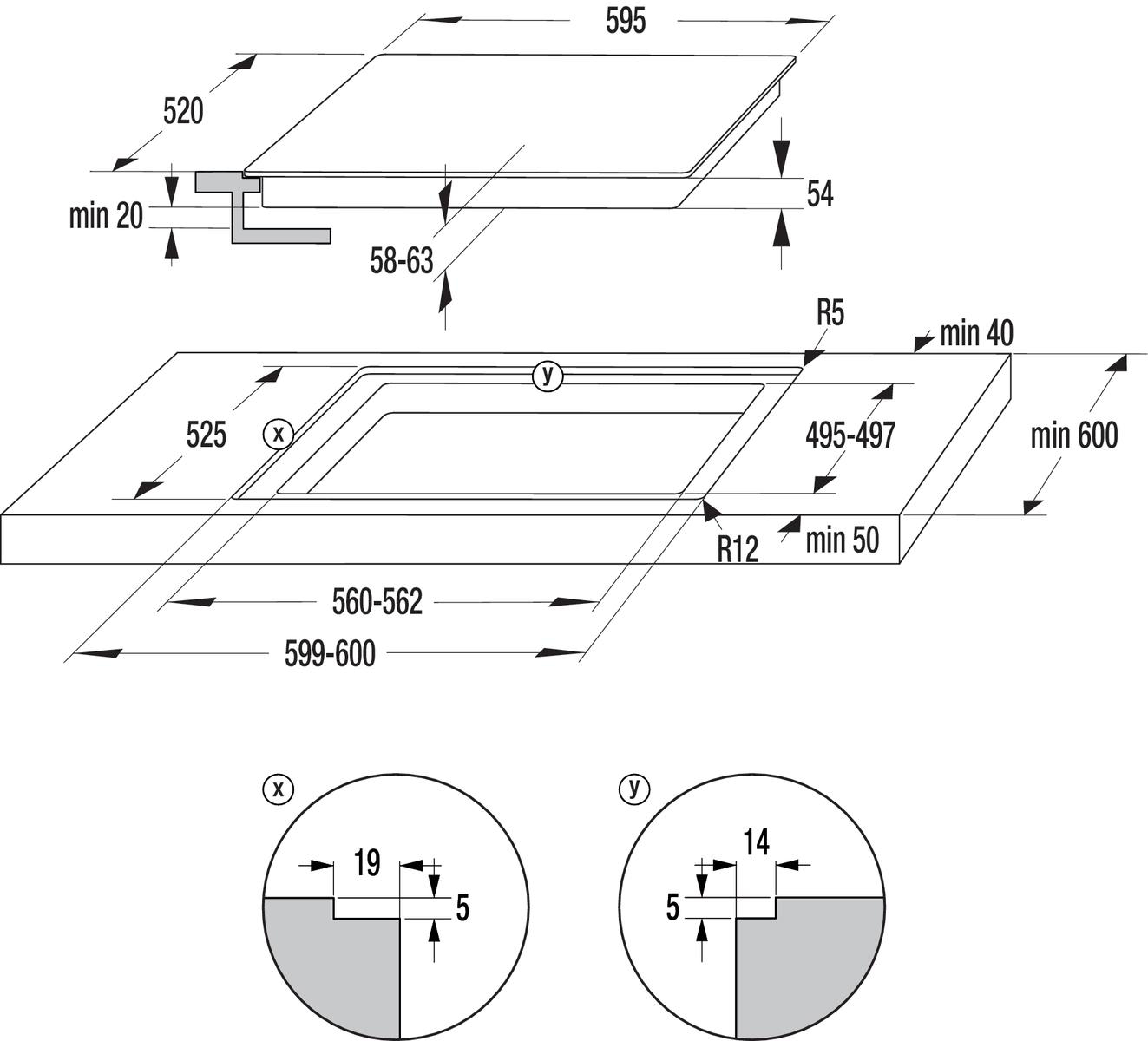 Technische Zeichnung eines Kochfelds mit Abmessungen und kreisförmigen Details.