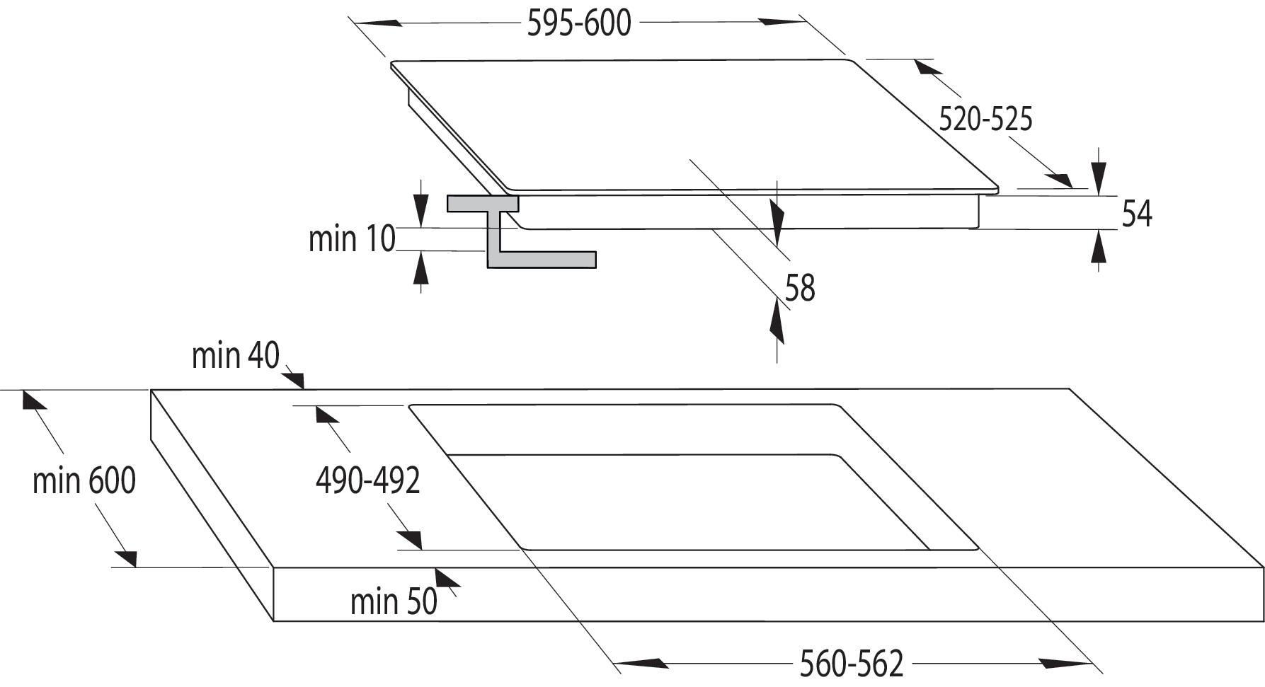 Diagramm eines Einbaukochfelds mit Abmessungen und Ausschnittmaßen.
