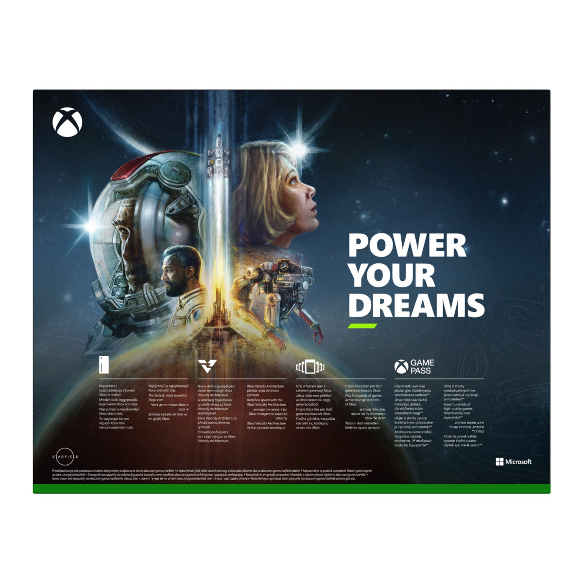 Plakat do gry 'Power Your Dreams' przedstawia kobietę w kosmosie i dwóch astronautów w tle.