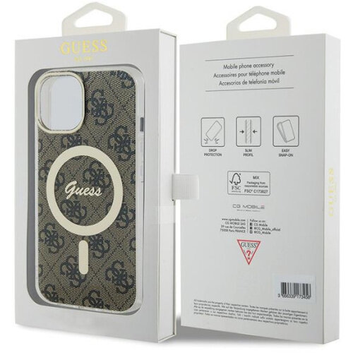 Etui na telefon Guess w pudełku. Brązowy i beżowy wzór. Białe tło.