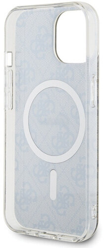 Przezroczyste etui na telefon z białym okręgiem i niebieskim wzorem. Etui jest do telefonu.