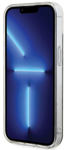 Smartfon z przezroczystym etui, pokazujący niebieski, świecący wzór na ekranie.