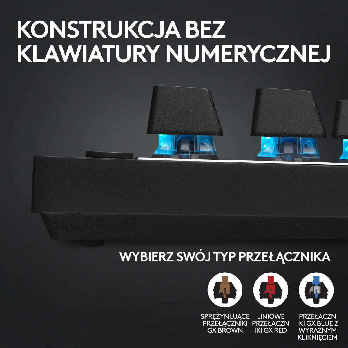 Zbliżenie czarnej klawiatury z niebieskimi światłami przełączników i trzema opcjami przełączników.