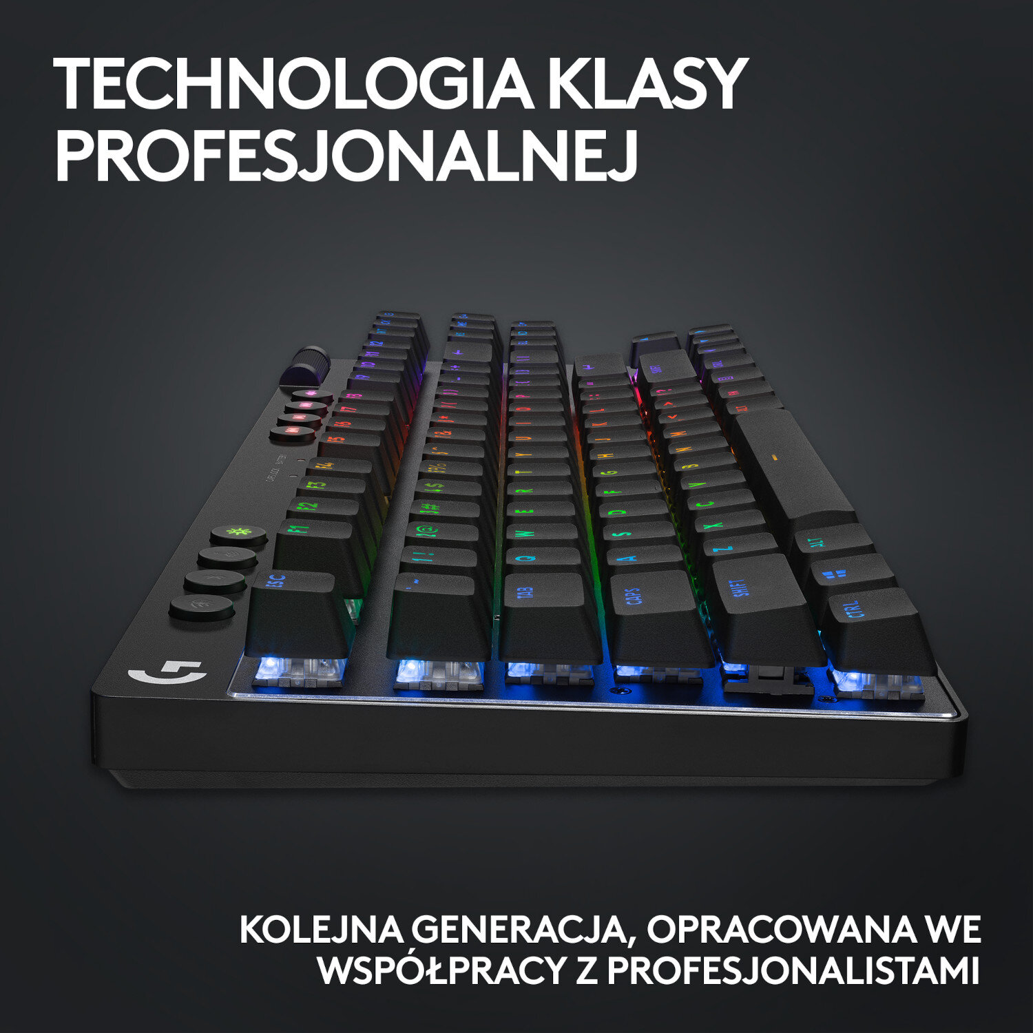 Czarna klawiatura z podświetlanymi klawiszami. Tekst: Technologie Klasy Profesjonalnej, Kolejna Generacja.