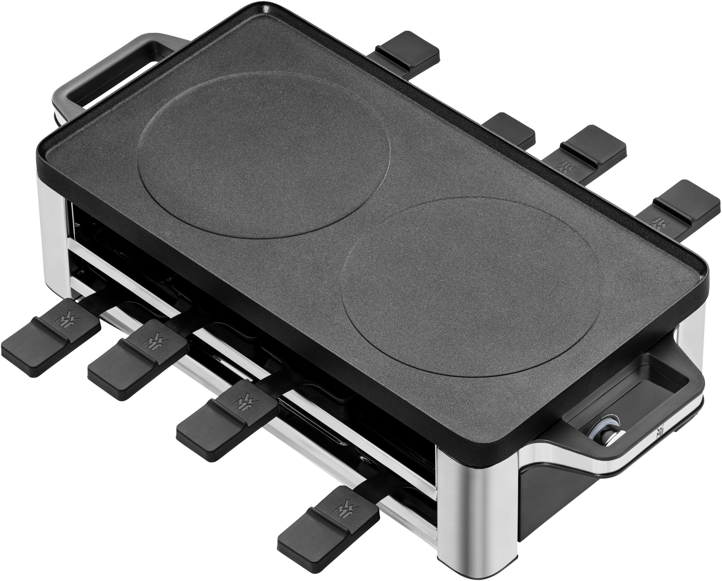 Schwarzer und silberner Raclette-Grill mit zwei kreisförmigen Heizelementen. Schwarze Griffe und Halter.