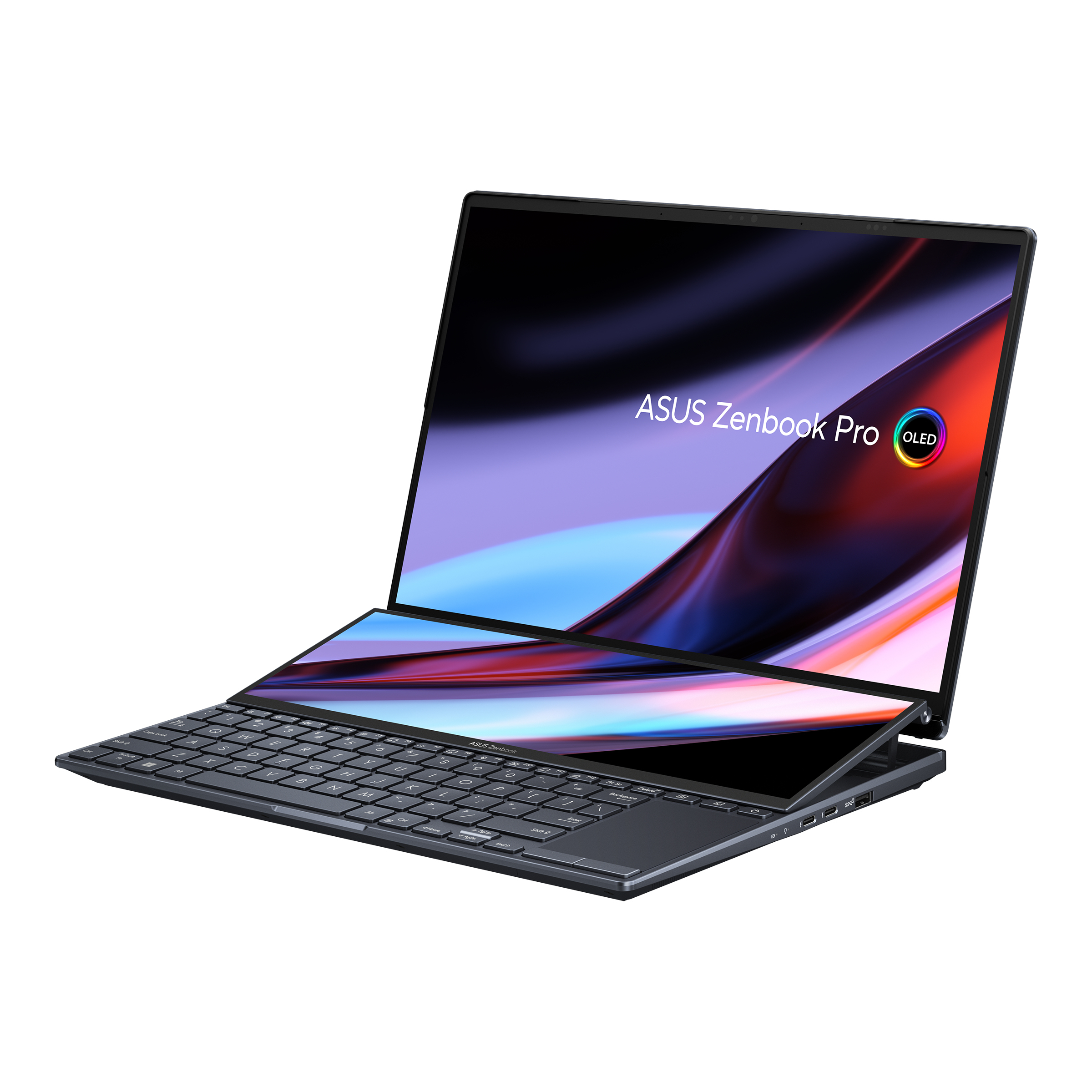 Portátil Asus Zenbook Pro OLED, abierto. La pantalla muestra imágenes y texto coloridos.