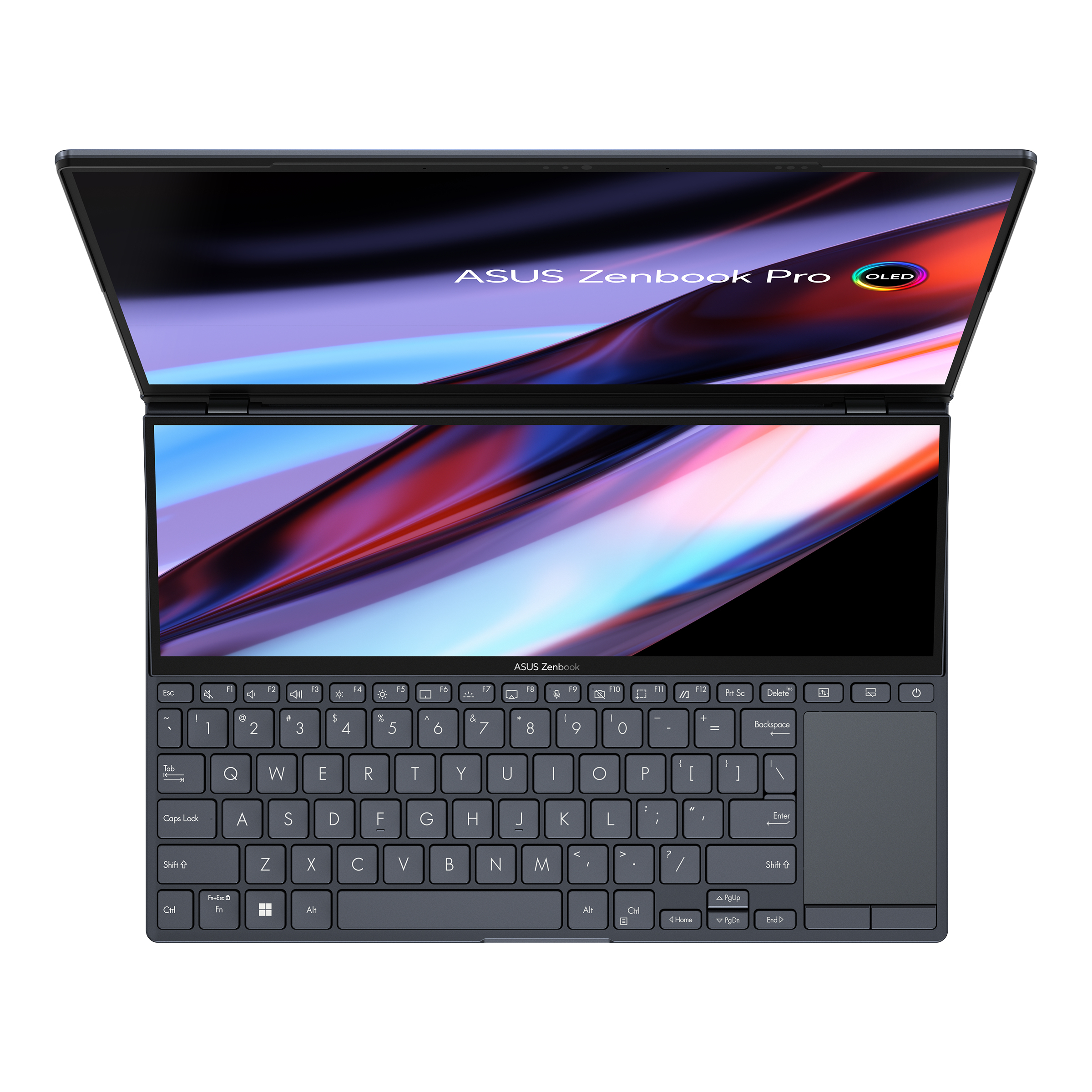 Vista superior de un portátil con dos pantallas abiertas, con el logotipo de ASUS Zenbook.