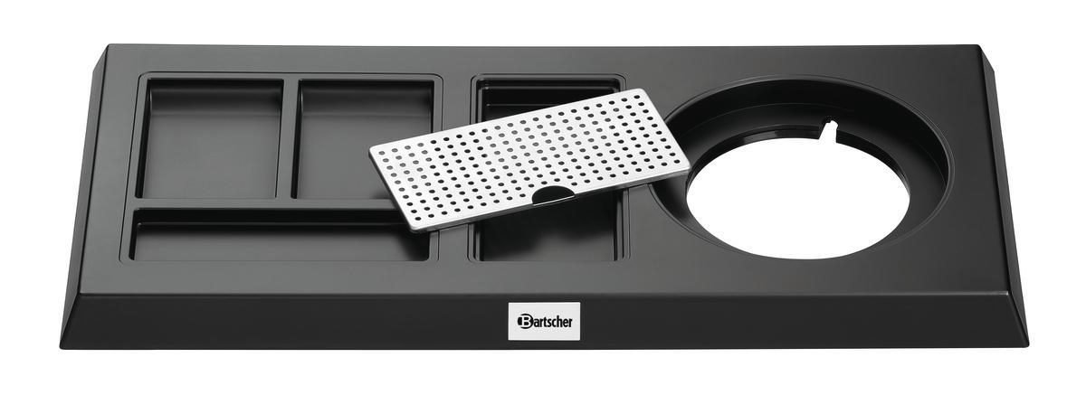 Schwarze Bartablett mit Fächern, einem Abtropfer und einer großen runden Öffnung. Bartscher-Logo sichtbar.