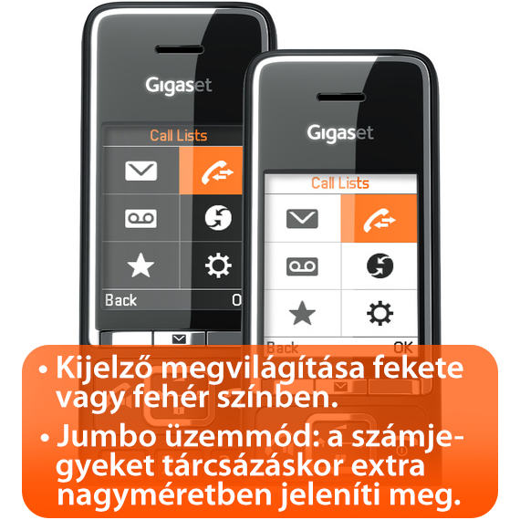 Két Gigaset telefon, képernyőjén híváslistákkal és egyéb opciókkal.