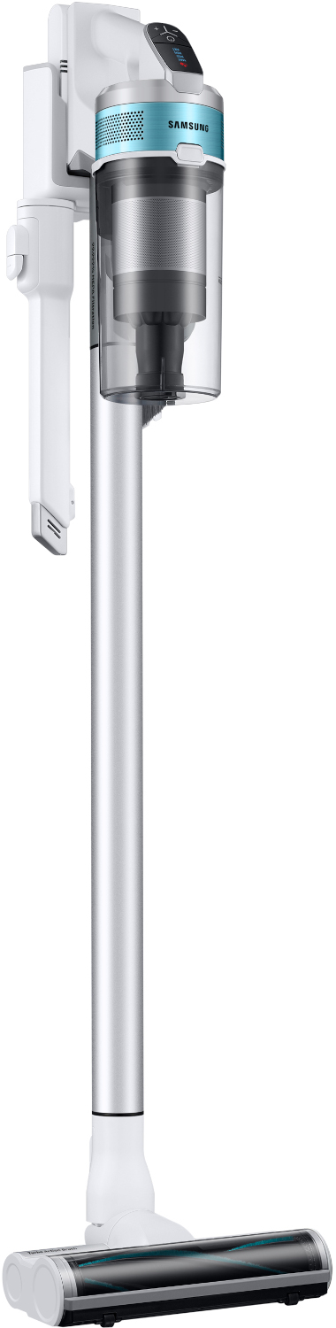 Un aspirateur avec un corps blanc et bleu est debout.
