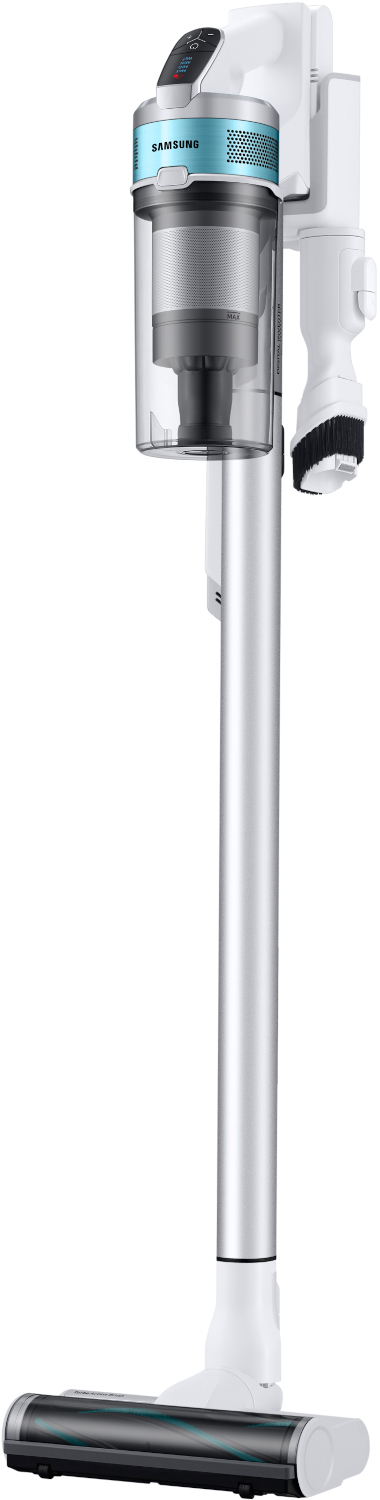 Aspirateur sans fil blanc et argent avec des accents bleus. La tête est au sol.