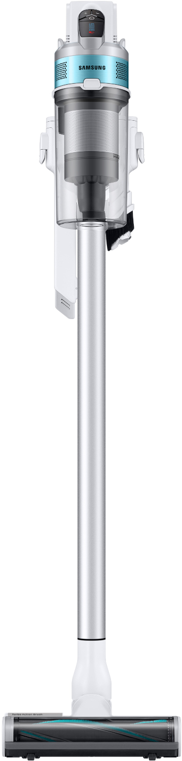 Un aspirateur sans fil Samsung blanc et argenté, debout.