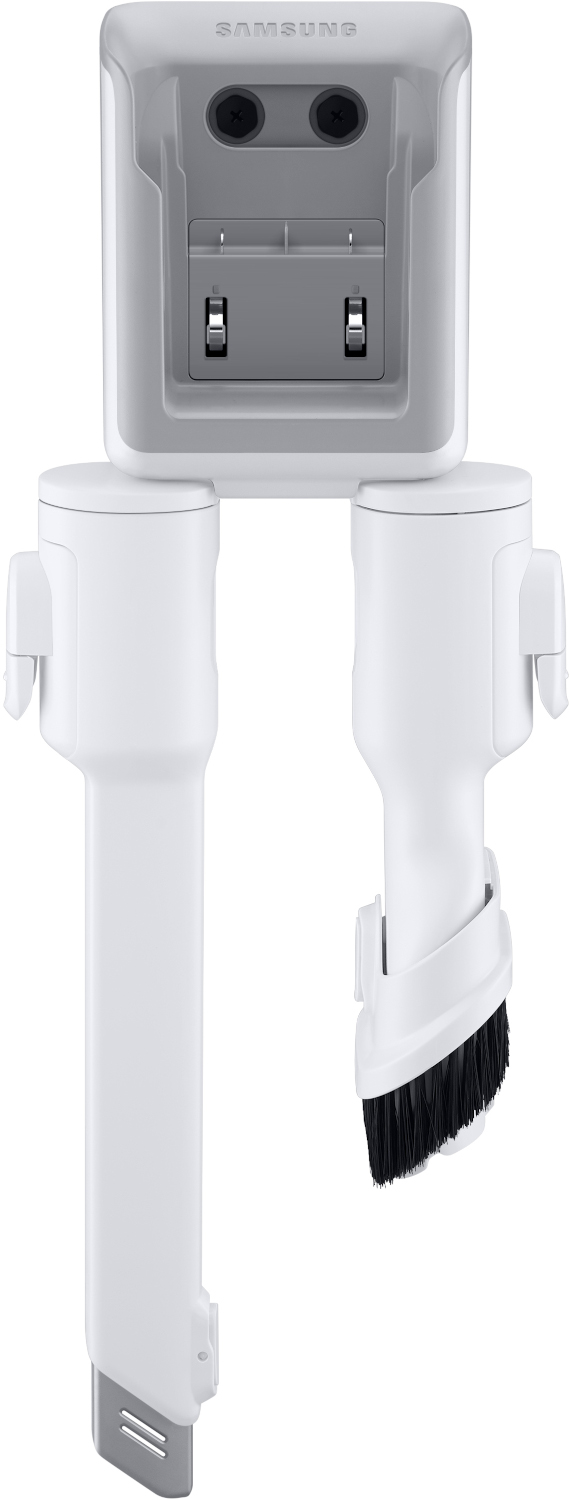 Accessoires d'aspirateur blancs, y compris des accessoires et une base de montage.