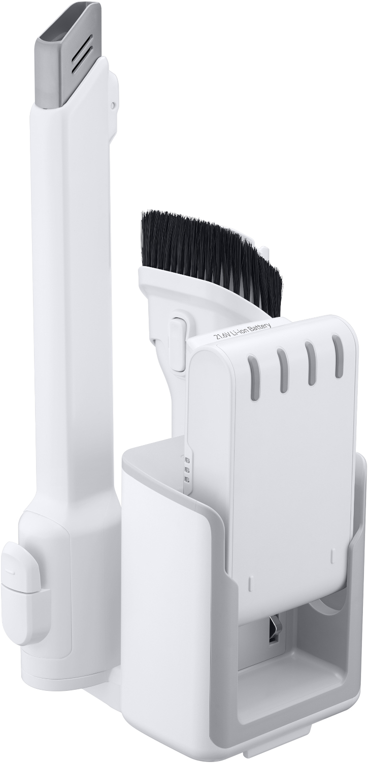 Accessoires d'aspirateur blancs, dont une brosse et une station de charge.