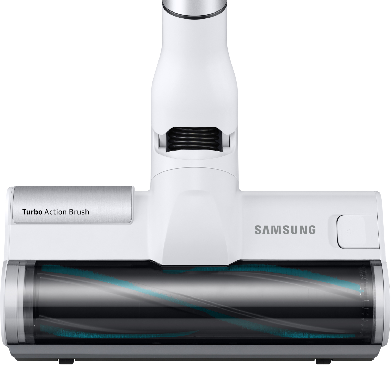 Brosse Turbo Action Samsung blanche. Elle a un rouleau noir et une garniture argentée.