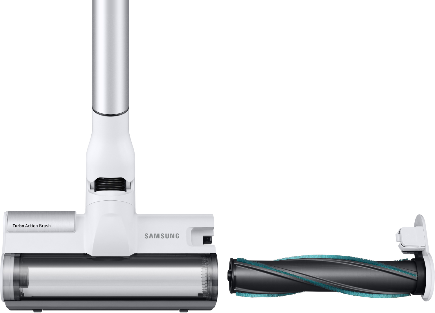 Un aspirateur Samsung démonté, des pièces blanches et argentées, une brosse Turbo Action et un rouleau de brosse séparé avec des poils bleu-vert.