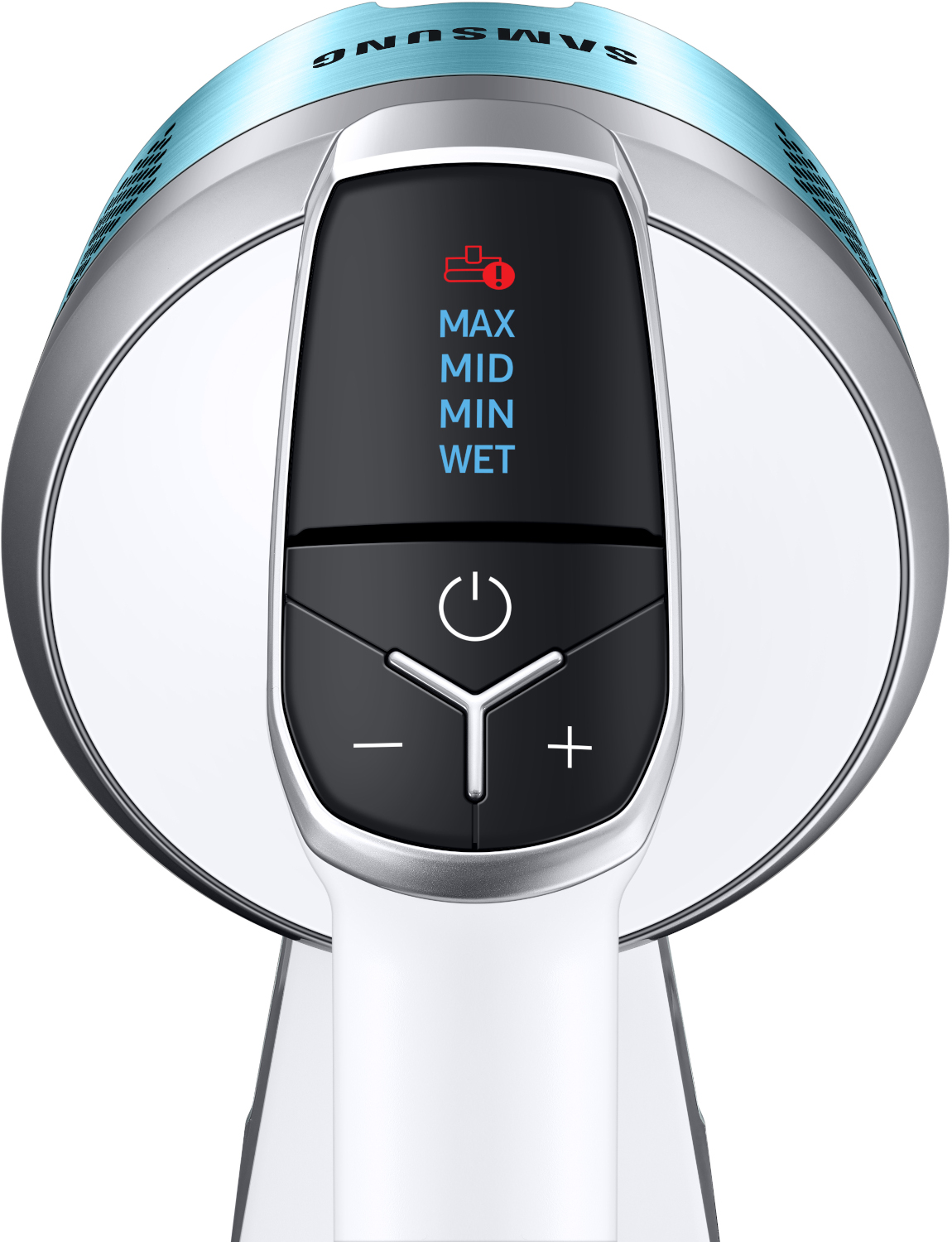 Panneau de commande d'aspirateur Samsung blanc et bleu avec le bouton d'alimentation et les réglages de mode.