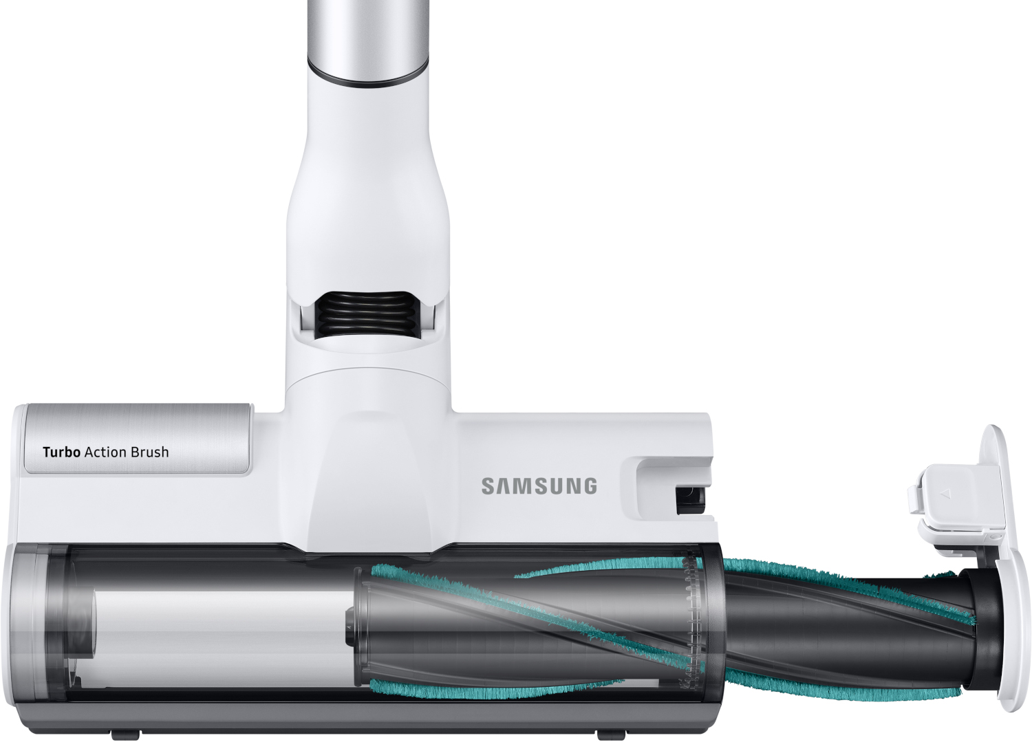 Tête d'aspirateur blanche, avec une zone transparente montrant le rouleau-brosse. Le logo Samsung est visible.