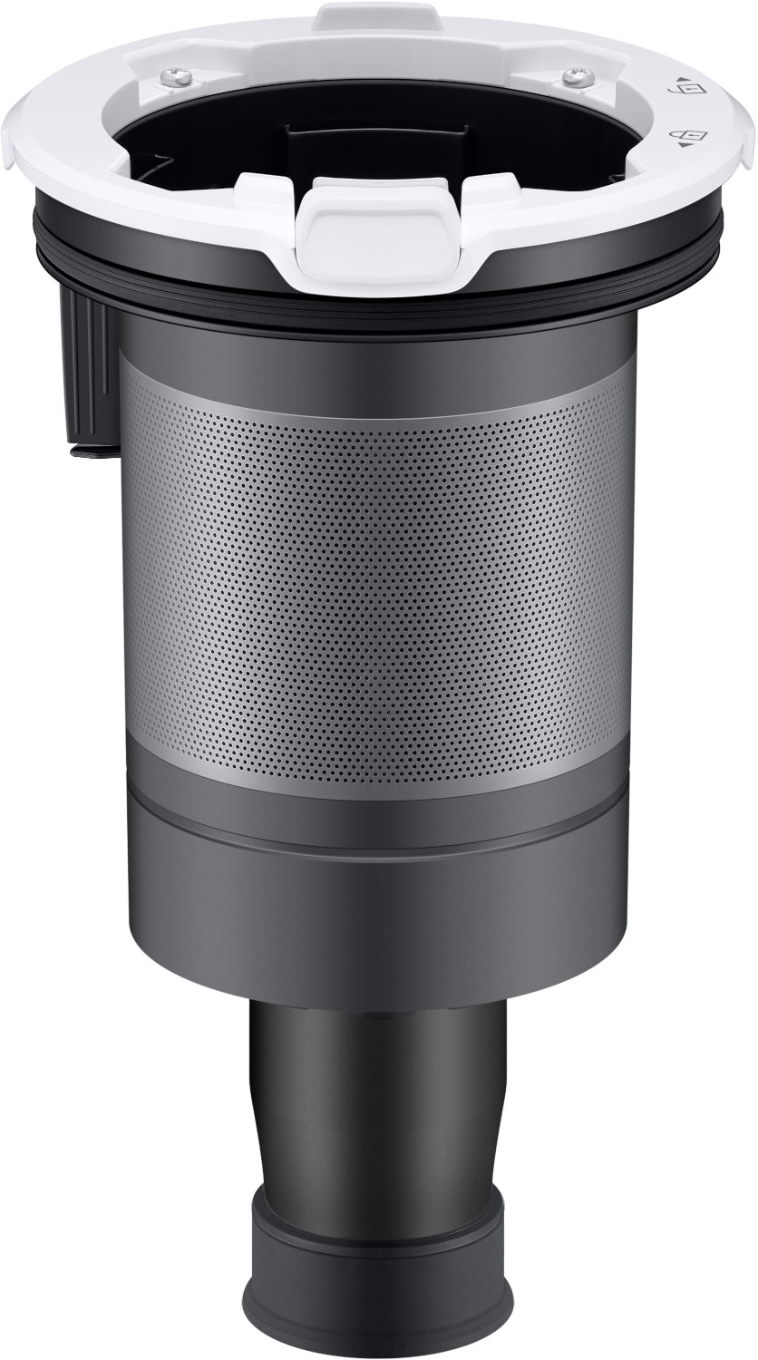 Un accessoire d'aspirateur gris métallique et noir avec un bord blanc et une buse noire.