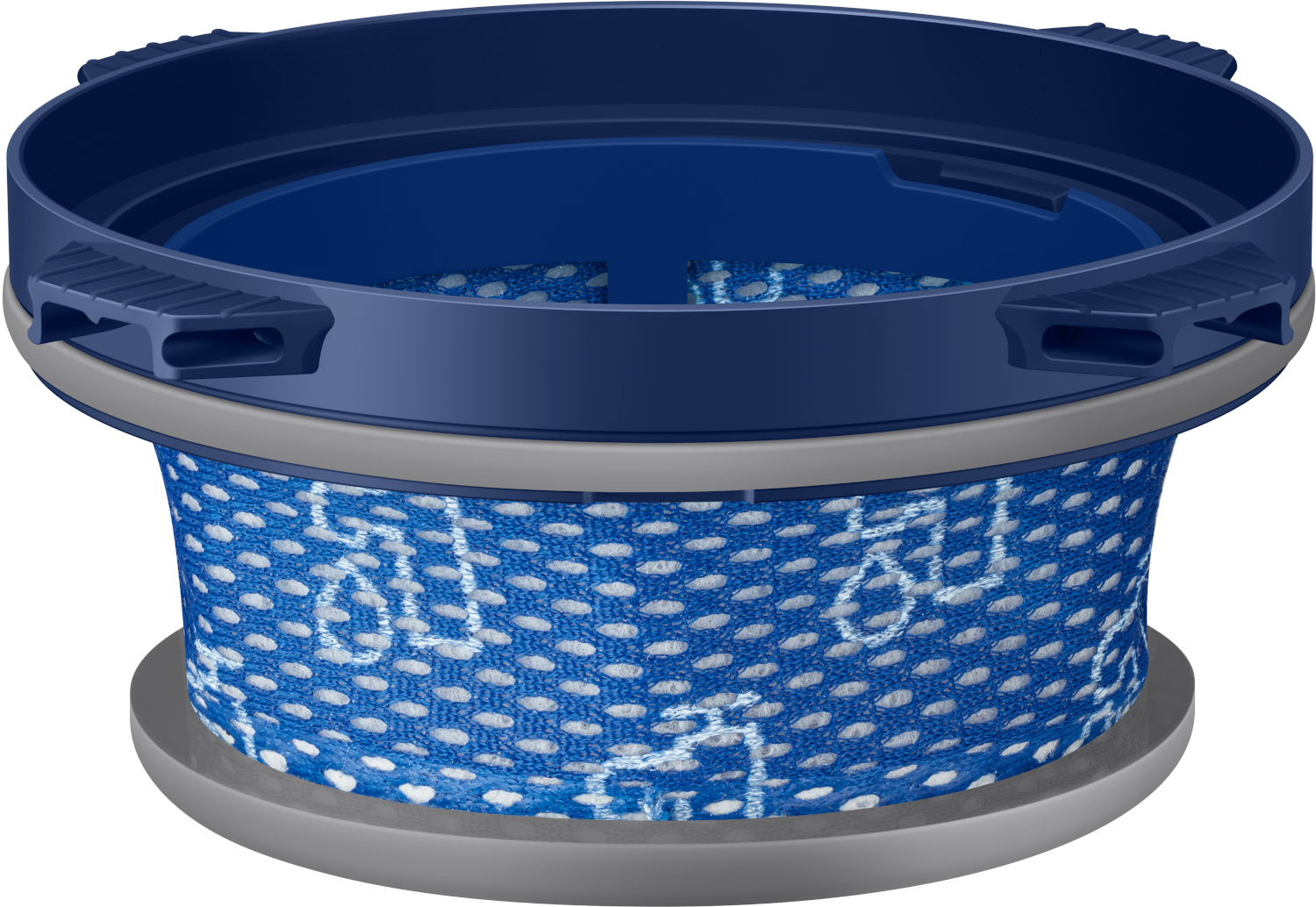 Filtre d'aspirateur en maille bleu et blanc avec dessus bleu foncé et base grise.