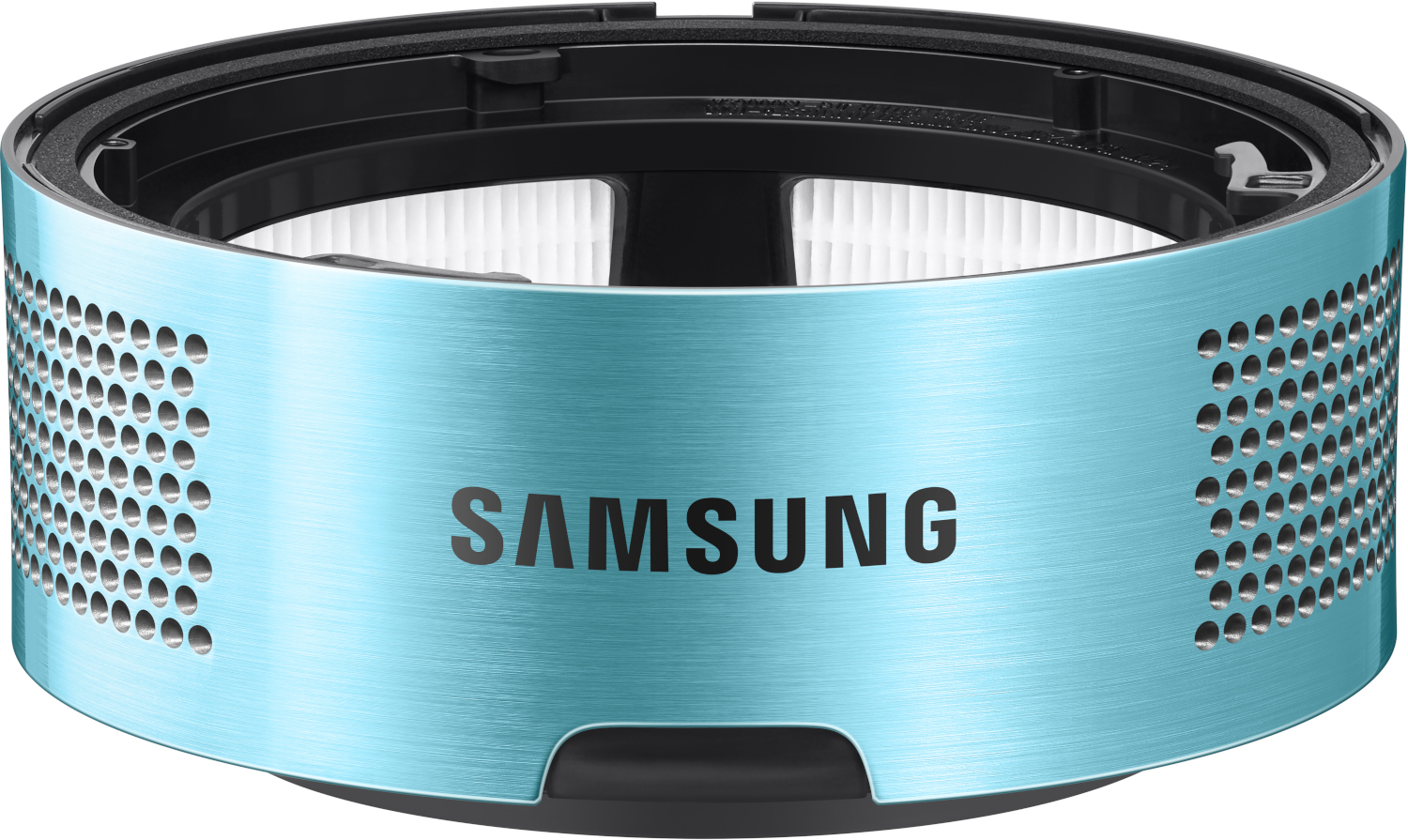 Un filtre bleu clair pour un aspirateur avec le mot "SAMSUNG" dessus.