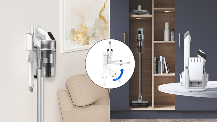 Un aspirateur vertical et une station de charge. L'image montre également un schéma animé de la charnière de l'aspirateur.