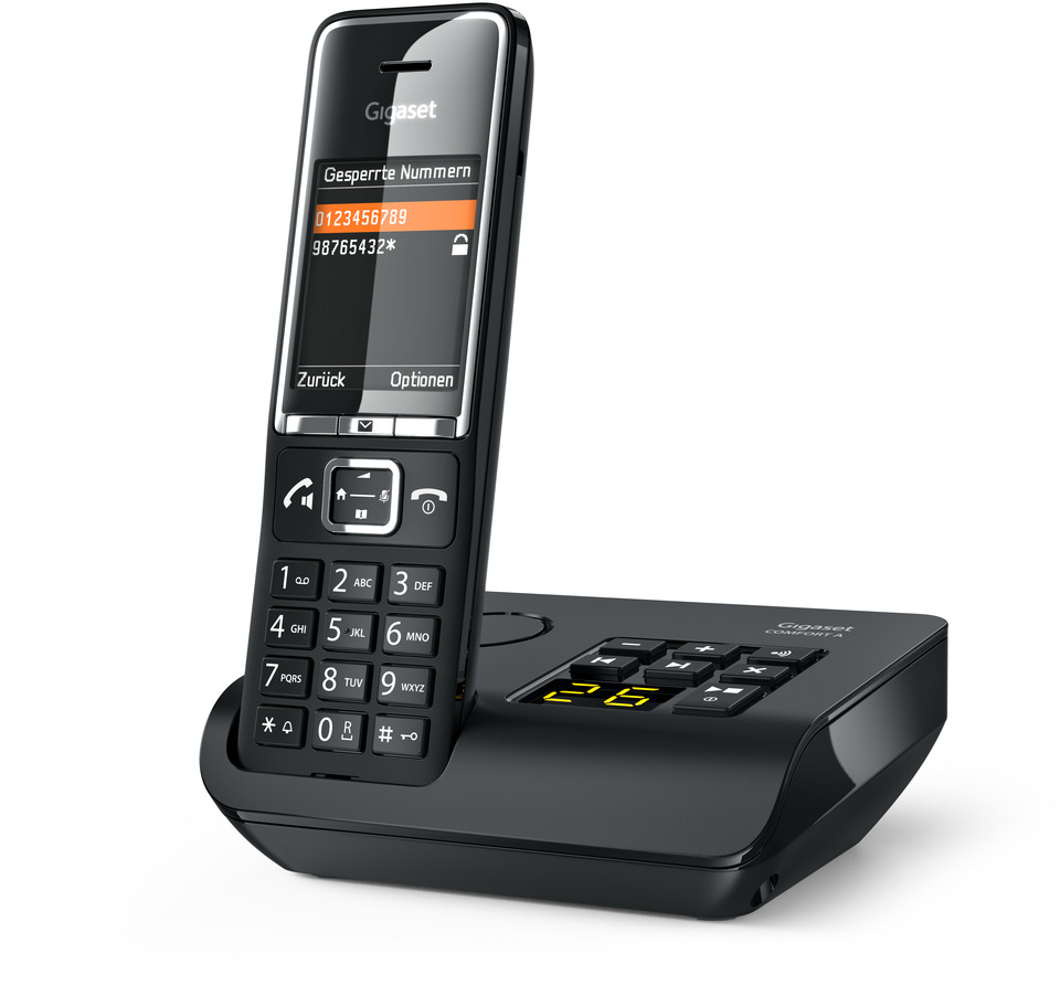 Egy fekete Gigaset telefon fekete alapon.