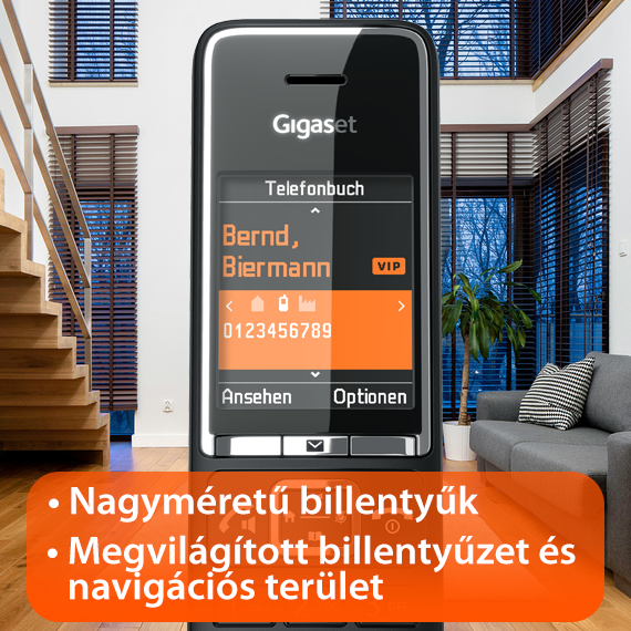 Egy Gigaset telefon közeli képe, megjelenített névjegyzékkel.