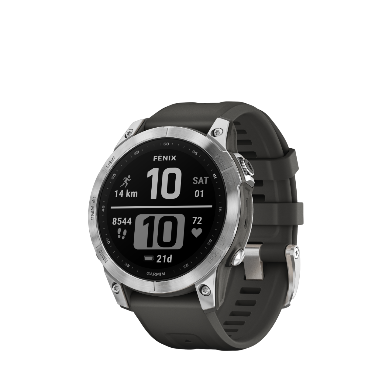 Schwarze Garmin Fenix Smartwatch, zeigt Daten auf dem Bildschirm, dunkler Hintergrund.