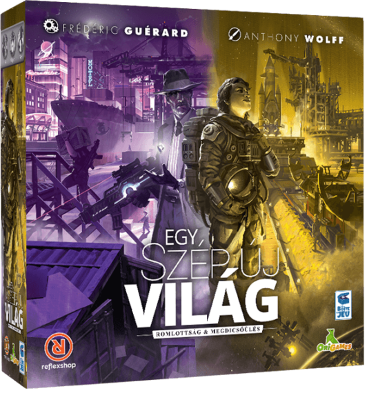 Egy társasjáték doboz borítója, melynek címe: 'Egy, Szép Új Világ', illusztrált karakterekkel.