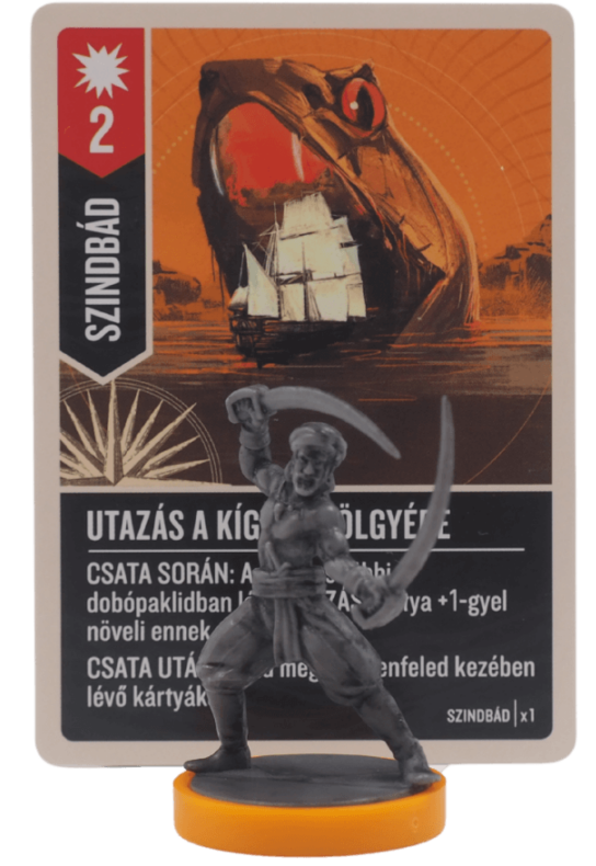 Egy kártya, amelyen egy kardot tartó figura és egy kígyószerű szörny látható.