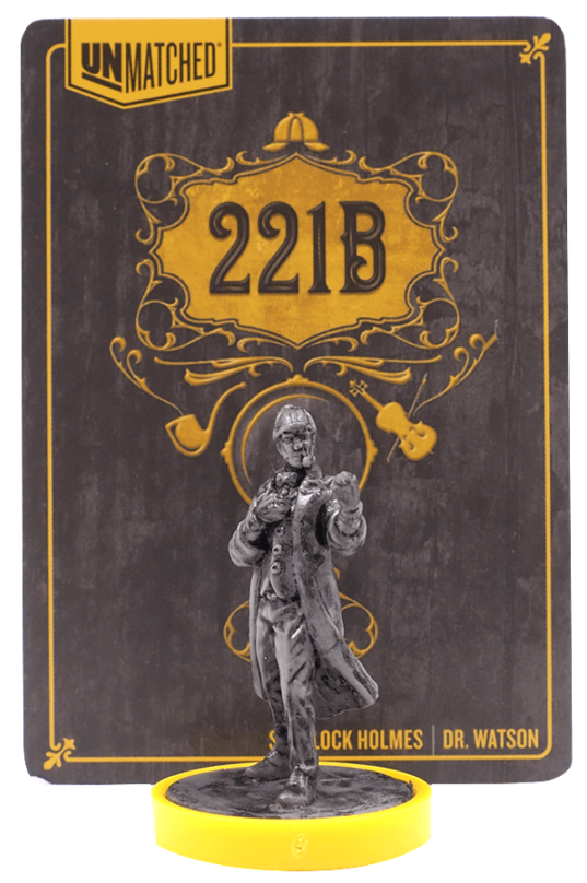 Sherlock Holmes figura egy társasjátékban. A játék címe a kártyán hátul.