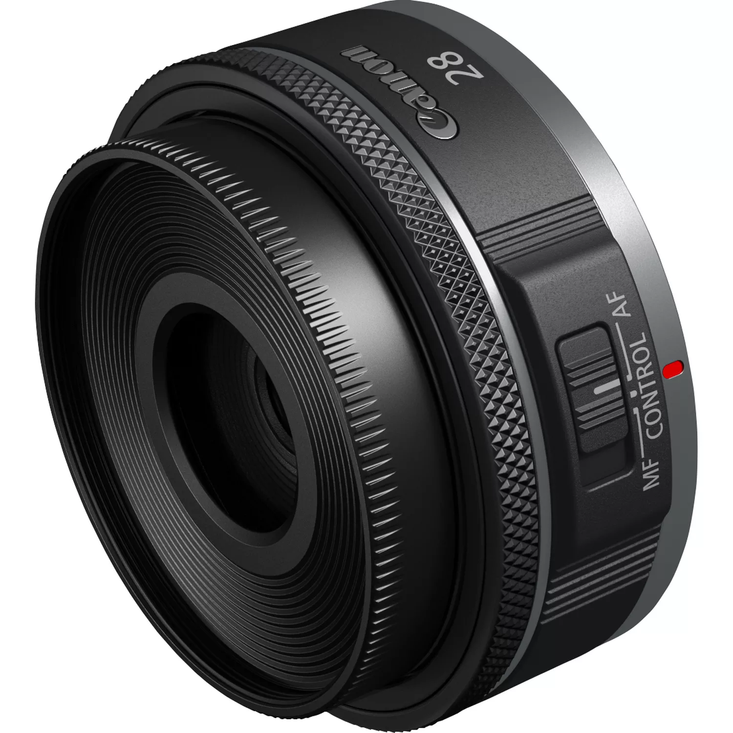 Schwarzes Canon 28mm Kameraobjektiv. Es hat einen Fokusring, einen Steuerschalter und den Markennamen.