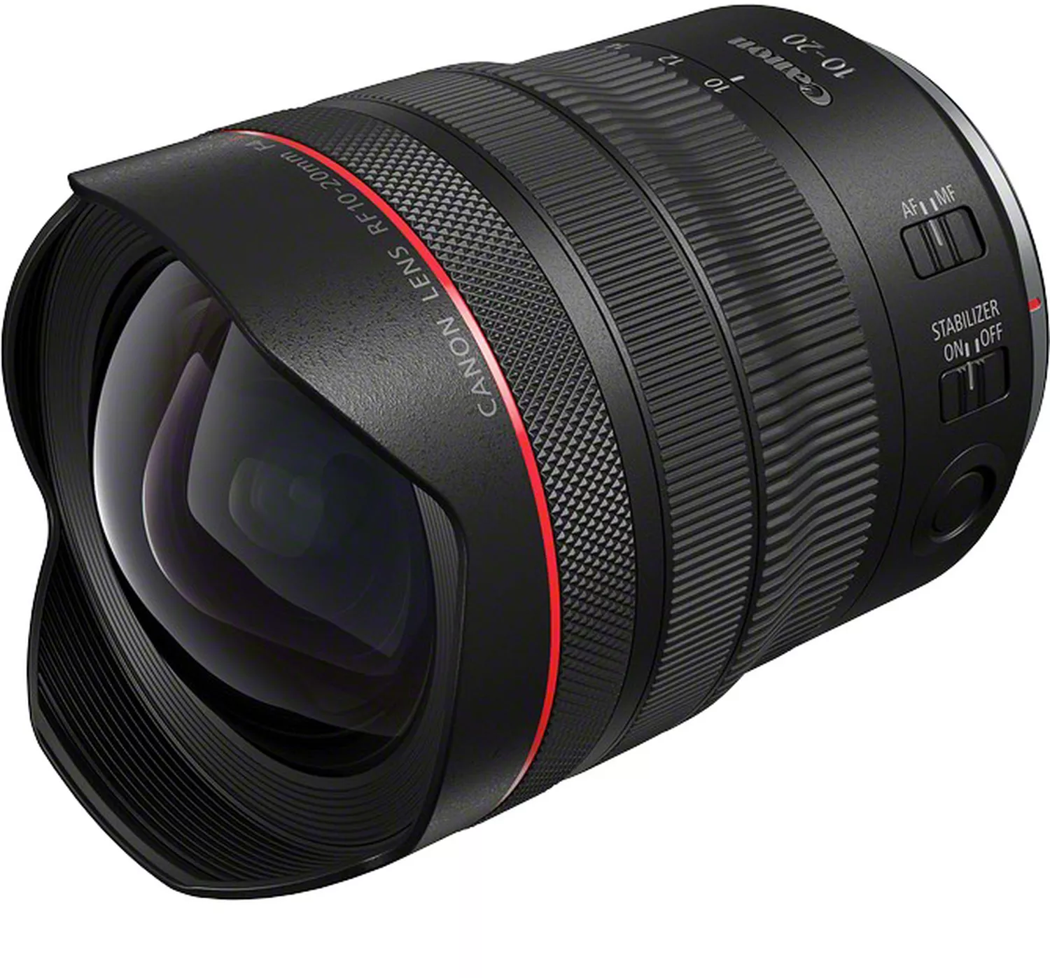 Schwarzes Canon-Objektiv mit rotem Ring. Es ist ein Weitwinkelobjektiv mit gewölbtem Frontelement.