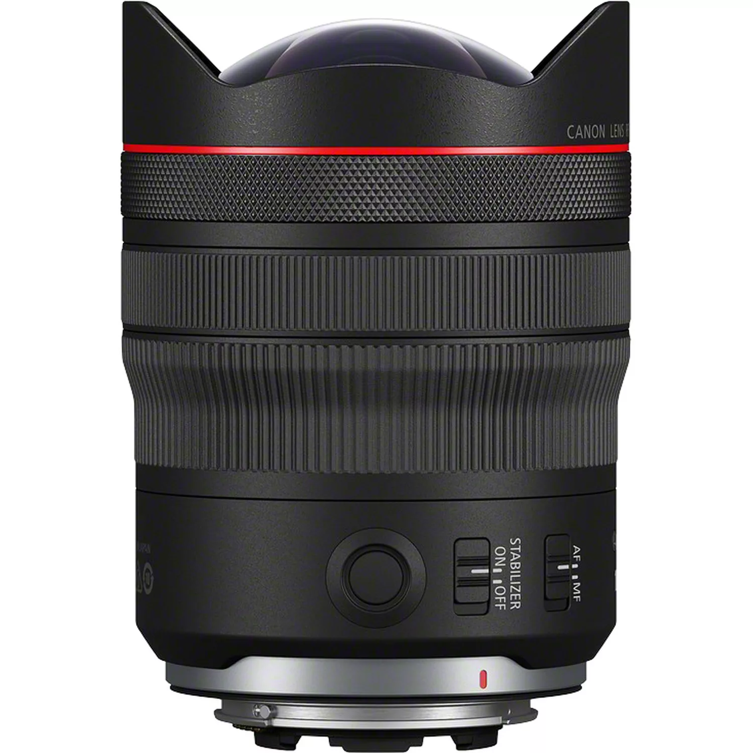 Canon-Objektiv mit rotem Ring, schwarzem Gehäuse und silbernem Sockel.