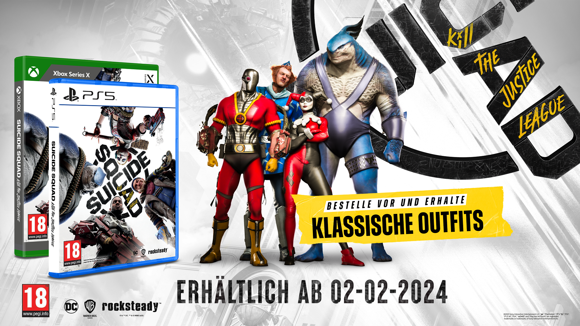 Spielbox mit verschiedenen DC-Charakteren, Spiellogo und Konsolenlogos. Text lautet: 