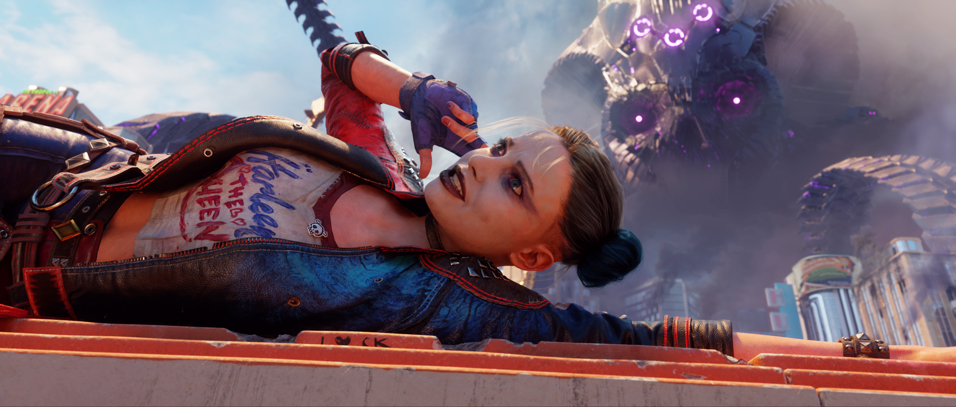 Harley Quinn liegt auf einem Dach, im Hintergrund ein violettes Monster. Sie trägt eine Jacke und hat eine markante Frisur.